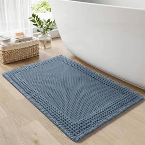 lot 2181 image: RESARE Waffle Bath Mat - Super Absorbent Non Slip Machine Washable Boho Bath Rugs with Tassels, Upgraded Bordered Design, 17x24in Blue - Retail $20in