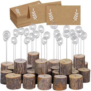 lot 2195 image: 30 Pcs Rustic Wood Place Card Holders with Swirl Wire Wooden Bark Memo Holder Stand Card Photo Picture Note Clip Holders 5.8 and Kraft Place Cards Bulk for Wedding Party Table Number Name Sign - Retail $18in