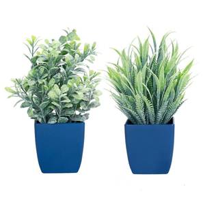 lot 2220 image: summer flower 2 Pack Fake Plants in Pot Small Artificial Eucalyptus Potted Plant Faux Rosemary in Pot Greenery for Home Decor Indoor Office Shelf Table Desk Bathroom Decoration (Blue-2) - Retail $9
