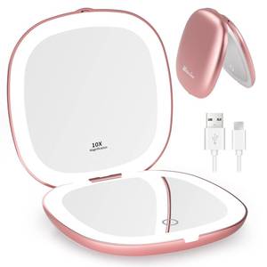 lot 2281 image: WOBSION Rechargeable Lighted Travel Makeup Mirror,1x10x Compact Magnifying Mirror with Lights,Portable for Bag,4inch,Gift,Rose Gold - Retail $18