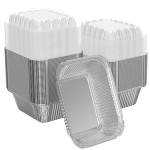 lot 2287 image: iHomeSet 100 Pack 1 lb Rectangular Disposable Aluminum Foil Pan 16 oz Take Out Food Containers with Clear Plastic Dome Lids, for Catering, Baking, Roasting Food - Retail $20