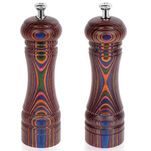 lot 2296 image: 2 Pack Pakka Wood Salt and Pepper Grinder Set, Wooden Salt and Pepper Mill Set, Salt and Pepper Shaker Birthday Gifts, 7 Inch for Kitchen - Retail $30