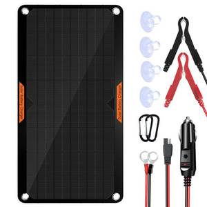 lot 2301 image: OYMSAE 10W 12V Solar Panel Car Battery Charger Portable Waterproof Power Trickle Battery Charger and Maintainer for Car Boat Automotive RV with Cigarette Lighter Plug and Alligator Clip - Retail $26
