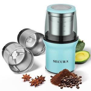 lot 2303 image: Secura Electric Spice Grinder and Coffee Grinder with 2 Stainless Steel Blades Removable Cups for Dry and Wet Grinding, Aqua&nbsp