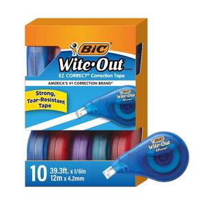 lot 2304 image: BIC Wite-Out EZ Correct Tear-Resistant Correction Tape with 39.3 ft of Tape, 10-Count Pack in White - Retail $10