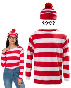 lot 2312 image: Powumie Red and White Striped Shirt Costume for Women Cosplay Knit Beanie Hat Black Glasses Outfit for Adult - Retail $10