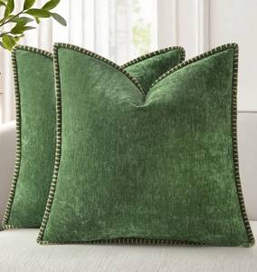 lot 2315 image: decorUhome Christmas Chenille Soft Throw Pillow Covers 20x20 Set of 2, Farmhouse Velvet Neutral Decorative Euro Fall Pillow Covers with Stitched Edge for Couch Sofa Bed Home Decor, Forest Elf - Retail $21