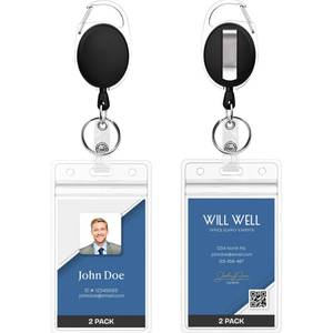 lot 2336 image: Will Well ID Badge Holders with Clip and Keyring - Vertical Clear Plastic 2.52 x 3.58in Sleeves Fit Up to 3 Cards - Retractable 24in UHMWPE Fiber Pull Cords for Easy Access - 2-Pack, Black Reels - Retail $10in