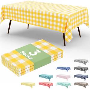lot 2343 image: Smiry 3 Packs Gingham Disposable Table Cloth, 54 x 108 Inch Waterproof Plastic Tablecloth, Rectangle Yellow and White Checkered Table Covers for Picnic, Birthday, Party - Retail $15
