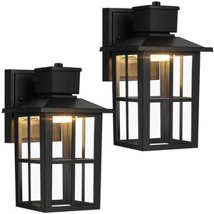 lot 1990 image: Brightever LED Outdoor Wall Lights, 10W Black Exterior Light Fixture with Clear Glass Shade, 3000K4000K6500K Selectable, 800LM High Brightness Outdoor Wall Lanterns for Patio Waterproof, Pack of 2 - Retail $80