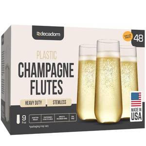 lot 1991 image: DECADORN Clear Stemless Champagne Flutes Plastic 48 Pack - 9oz Plastic Champagne Glasses - Durable and Sturdy Mimosa Glasses For Parties - Shatterproof, Recyclable, BPA-Free, Smooth Rims. - Retail $32