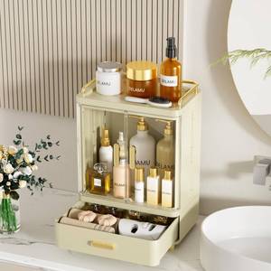 lot 1994 image: Delamu Bathroom Makeup Organizer Countertop with Drawer, 3-Tier Large Capacity Bathroom Counter Countertop, 15.2 Tall Storage for Perfume, Cosmetic, Skincare and More, Ideal Present for Her, Beige - Retail $13