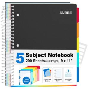 lot 2068 image: SUNEE 5 Subject Graph Paper Notebook - 400 Pages, 9x11in, 4x4 Graph Ruled Notebook, 5 Pocket Colored Dividers, 3-Hole Punched Paper, Black - Retail $15in