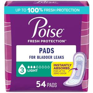 lot 2081 image: Poise Incontinence and Postpartum Pads for Bladder Leaks, 3 Drop Light Absorbency, Regular Length, 54 Count, Packaging May Vary - Retail $11