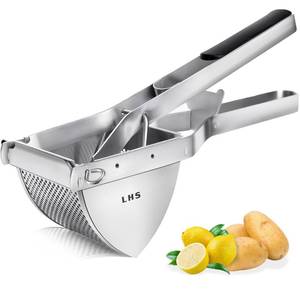 lot 2092 image: LHS Stainless Steel Potato Ricer and Masher, Heavy Duty Commercial Food Masher, Ergonomic Comfort Grip, Extra Large Capacity, Dishwasher Safe (Black) - Retail $22