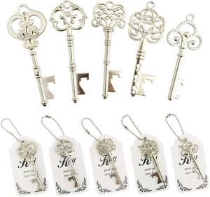lot 2106 image: WODEGIFT 50pcs Vintage Skeleton Key Bottle Opener,Bridal Shower Favors,Wedding Favors Souvenir Gifts with Thank You Escort Tag and Key Chains (Silver,5 styles) - Retail $19