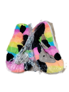 lot 2375 image: Rainbow Cow Print Plush House Slippers - Retail $15