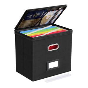lot 2409 image: Oterri 1 Pack File Organizer Boxes with Lids, File Box with Mesh Pockets, Document Organizer Box for File Folders Letter Size, Zippers Filing Box for Home, Office, School (Black, Without Folders) - Retail $19