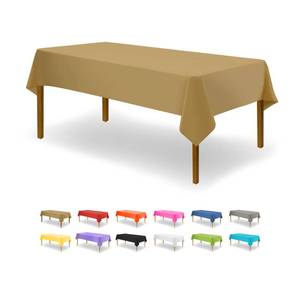lot 2412 image: Gold Disposable Plastic Tablecloth for Rectangle Tables (12 Pack) Premium Decorative Table Cloth for Parties, Events and Weddings, Indoors and Outdoors, 54 x 108 inches, Plastic Table Cover blue not tan - Retail $22