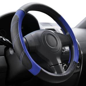 lot 2422 image: Elantrip Steering Wheel Cover Leather 14 12 to 15 inch Universal Padded Soft Grip Breathable for Car Truck SUV Jeep Anti Slip Blue and Black - Retail $10