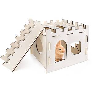 lot 2425 image: Wooden Rabbit Hideout Castle, Indoor Rabbit Houses and Hideouts with Stairs, Guinea Pig Wooden Hideout for Rabbit Chinchilla - Retail $17