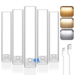 lot 2434 image: 5-Pack Under Cabinet Lighting, 68LED 2000mAh Rechargeable Battery Operated Motion Sensor Light Indoor, 3 Color Wireless Dimmable Closet Lights, Magnetic Under-Counter Light Fixtures for Kitchen, Home - Retail $35