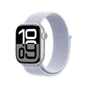 lot 2448 image: Apple Watch Series 10 GPS 42mm case Smartwatch with Silver Aluminum Case with Blue Cloud Sport Loop. Fitness Tracker, ECG App, Always-On Retina Display, Carbon Neutral - Retail $368