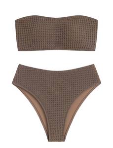 lot 2455 image: ZAFUL Womens Textured Bandeau Bikini Strapless Solid Color 2 Pieces Bathing Back Lace-up Suit Swimsuit (7-Brown,L) - Retail $37