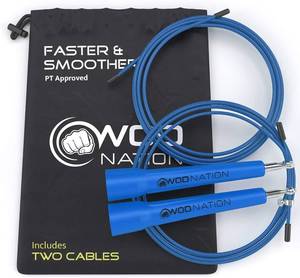 lot 2467 image: WOD Nation Workout Equipment Adjustable Speed Jump Rope - Blue, Classic Speed Rope - Home Gym and Cardio Equipment - Adjustable Length for Boxing, MMA and Fitness - For Men, Women and Kids - Retail $17