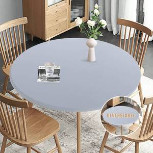 lot 2484 image: Obstal Fitted Round Table Cloth, Reversible Waterproof Stain Resistant Elastic Stretch Tablecloth, Wipe Clean Table Cover for OutdoorIndoor Use, Fits Round Tables up to 48 - 56in Diameter, Silver - Retail $15in