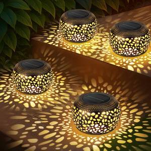 lot 2492 image: Solar Lantern Outdoor Patio Decor 4 Pack Solar Lanterns Outdoor Waterproof, Hollow Out Retro Metal Solar Lights, Yard Porch Garden Balcony Indoor Desk Bedroom Tabletop Decorations, 2 Lighting Colors - Retail $42