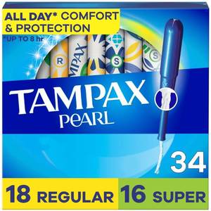 lot 2494 image: Tampax Pearl Tampons for Women Multipack, with LeakGuard Braid, RegularSuper Absorbency, Unscented, 34 Count - Retail $9