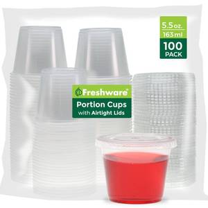 lot 2497 image: Freshware Plastic Portion Cups with Lids 5.5 Ounce, 100 Sets Souffle Cups, Jello Shot Cups, Condiment Sauce Containers For Sampling, Sauce, Snack or Dressing - Retail $12