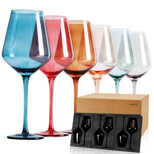 lot 3400 image: AIRXINLAY Colored Wine Glasses Set of 6-18.6oz, Colorful Wine Glasses by hand Blown Crystal,with Tall Long Stems for Party Home Bar Christmas Wedding gift set for wine lovers - Retail $35