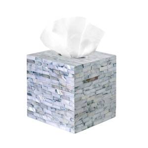 lot 3403 image: PEMAR 5.9 Handmade Mother of Pearl Tissue Box Cover � Acacia Wood Cube, 5.35 Interior Fits 5 Square Boxes, Sliding Bottom, Blue Lacquer Rustic Farmhouse Decor - Retail $38