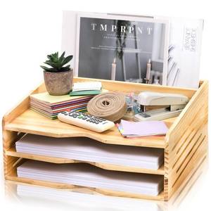 lot 3419 image: DEAYOU Wooden Desktop File Organizer, 3-Tier Letter Tray Document Holder, Paper Storage Mail Sorter for Folders, Binders, Magazines, Office, Home, 13.8 L x 11.4in W x 6.3in H, Natural, Fully Assembled - Retail $25in