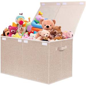 lot 3428 image: VERONLY Large Toy Box Chest Storage with Lid - Collapsible Kids Toys Boxes Organizer Bins Baskets with Handles for Boys, Girls, Nursery, Playroom, Clothes, Blanket, Bedroom(Beige) - Retail $18