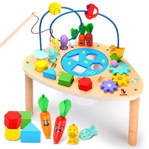 lot 3431 image: oathx Activity Table for 1 Year Old, 6 in 1 Wooden Montessori Activity Center Play Table with Bead Maze Shape Sorter Fishing Game, Kids Sensory Educational Toddler Learning Toys 1st Birthday Gifts&nbsp