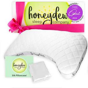 lot 3432 image: Honeydew Scrumptious Side Pillow  Silk Pillowcase Gift Pack- The Ultimate Luxury Neck Pillow- Adjustable Support for Neck Pain Relief- Made in USA- Cooling Pillow Fill (Queen Size) - Retail $269