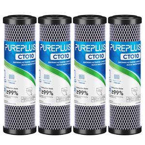 lot 3437 image: 1 Micron 2.5 x 10in Whole House CTO Carbon Water Filter Cartridge Replacement for Under Sink Water Filter System, Dupont WFPFC8002, WFPFC9001, FXWTC, SCWH-5, WHEF-WHWC, WHCF-WHWC, AMZN-SCWH-5, 4Pack - Retail $27in