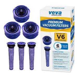 lot 4048 image: VEVA 6-Pack Premium Vacuum Filters Set - Compatible with Dyson V6 Absolute Vacuums, Part # 965661 and 966741-3 Pre-Filters and 3 HEPA Filters for Enhanced Air Quality and Suction Performance - Retail $13
