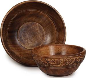 lot 4053 image: ETROVES Wooden Fruit Bowl Wood For Kitchen Counter Bowl Set for FoodFruitSalad - Carved Wood Bowls for Decor - Medium and Small Set of 2, Brown - Retail $35