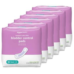 lot 15942 image: Amazon Basics Womens Incontinence Pads, Bladder Control and Postpartum, Light Absorbency, Unscented, 180 Count , (6 Packs of 30) - Retail $31