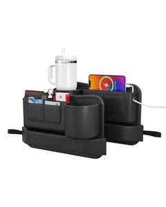 lot 15953 image: Wanfuder Car Seat Gap Filler with Cup Holder 2 Pack Leather Car Seat Organizer and Storage Automotive Accessories - Front Seats Adjustable Gap Filler with Pockets for Cards, Phones,tumblers, Keys - Retail $395