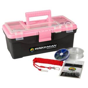 lot 15954 image: 55-Piece Fishing Tackle Set - Tackle Box Includes Sinkers, Hooks, Lures, Bobbers, Swivels, Fishing Line, and More - Fishing Gear by Wakeman (Pink) - Retail $13