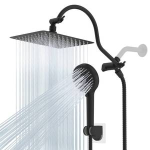 lot 15971 image: Hibbent All Metal High Pressure Rainfall 10 Inch Shower HeadHandheld Showerhead Combo 12 Inch Adjustable Curved Shower Extension Arm, 10-Spray, 71-inch Hose, Adhesive Showerhead Holder, Matte Black - Retail $88