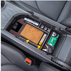 lot 15977 image: TOPINSTALL Red Center Console Organizer Compatible with 2018-2023 2024 Toyota Camry XLE XSE and 2020-2024 Camry LE SE with Dual USB Ports, Interior Accessories Armrest Tray Insert (Not for 2025) - Retail $20