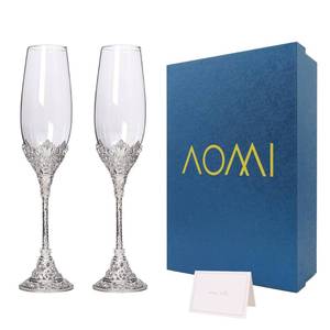 lot 15980 image: Wedding Champagne Flutes Toasting Glasses, Silver 7oz Toasting Flute Pair Crystal Metal Base with Sparkling Crystals for Wedding Anniversary Party Birthday Banquet and Gift for Bride Groom Giftboxed one glass has cracked stem - Retail $43