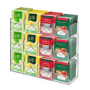 lot 15981 image: awliye 3 Tier Acrylic Tea Bag Organizer Clear Teabag Storage Rack 12 Compartments Teabags Storage Containers Vertical Tea Bag Organizer Holder for Pantry Kitchen Office Cabinet sides chipped, still functions properly - Retail $23