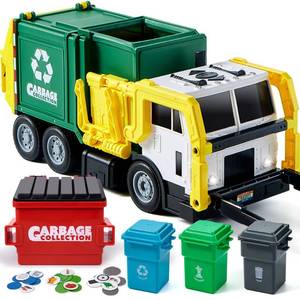 lot 15985 image: JOYIN Large Friction Powered Garbage Truck Toy Set, Includes Dumpster, Trash Bins, and Learning Cards for Kids, Boy Toys Birthday Gift for Boys Girls Kids Toddler Gift for Christmas - Retail $40